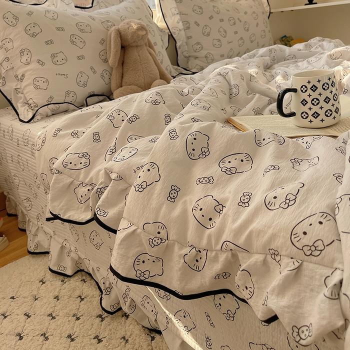 91家纺网 家纺一手货源 找家纺 繁花家居 2025新款云感木棉针织棉双层纱床盖四件套 床盖被套款-猫咪节拍