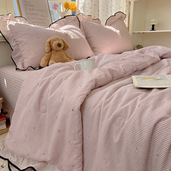 91家纺网 家纺一手货源 找家纺 繁花家居 2025新款云感木棉针织棉双层纱床盖四件套 床盖被套款-柔情蜜意