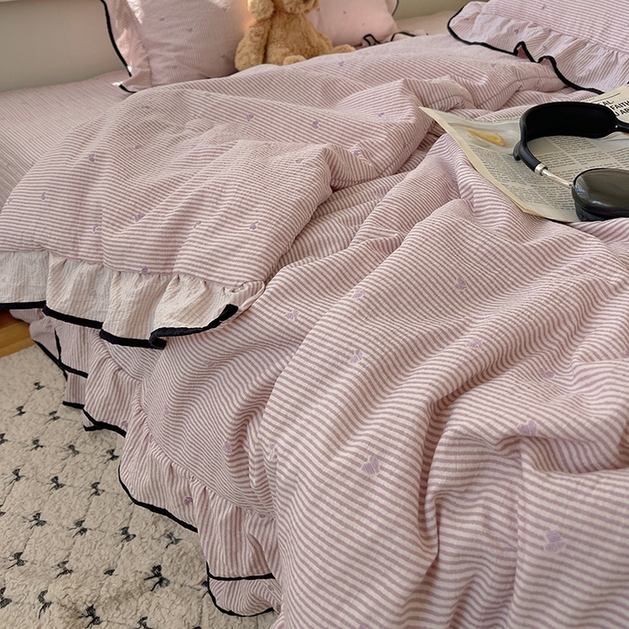 91家纺网 家纺一手货源 找家纺 繁花家居 2025新款云感木棉针织棉双层纱床盖四件套 床盖被套款-柔情蜜意