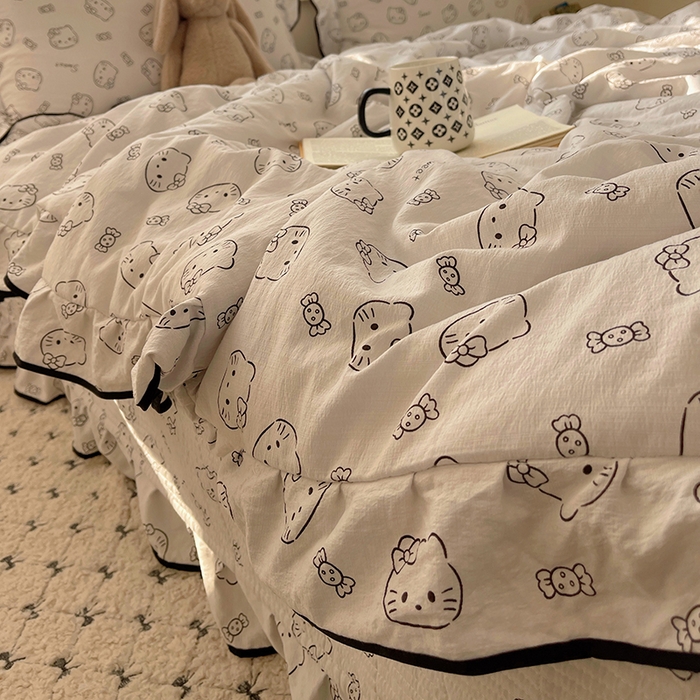 91家纺网 家纺一手货源 找家纺 繁花家居 2025新款云感木棉针织棉双层纱床盖四件套 床盖被套款-猫咪节拍