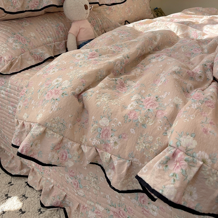 91家纺网 家纺一手货源 找家纺 繁花家居 2025新款云感木棉针织棉双层纱床盖四件套 床盖被套款-盛世芳华