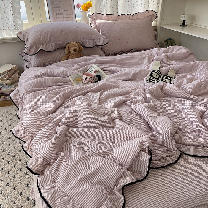 91家纺网 家纺一手货源 找家纺 繁花家居 2025新款云感木棉针织棉双层纱床盖四件套 床盖被套款-柔情蜜意