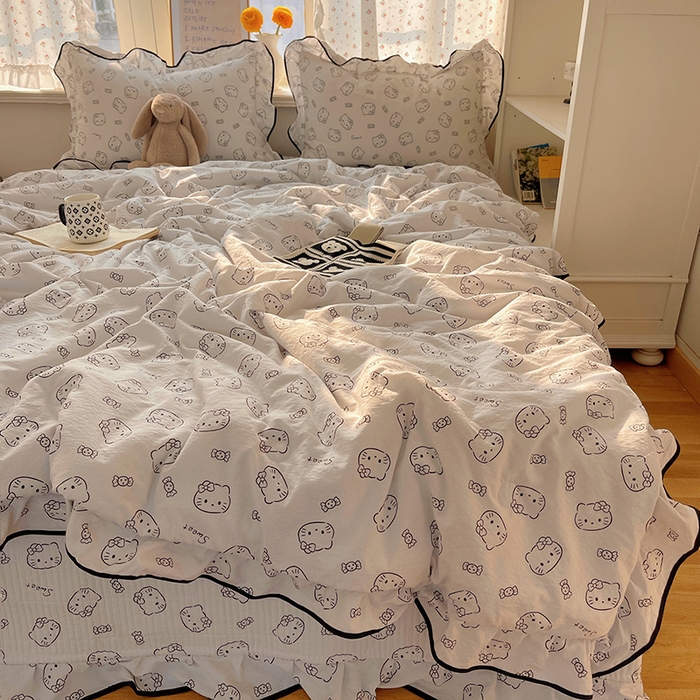 91家纺网 家纺一手货源 找家纺 繁花家居 2025新款云感木棉针织棉双层纱床盖四件套 床盖被套款-猫咪节拍