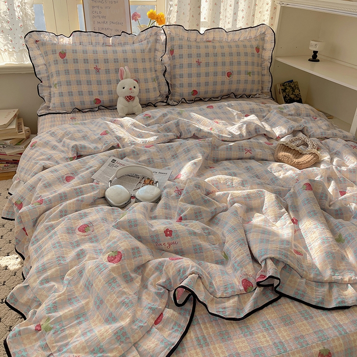 繁花家居 2025新款云感木棉针织棉双层纱床盖四件套 床盖被套款-草莓很甜