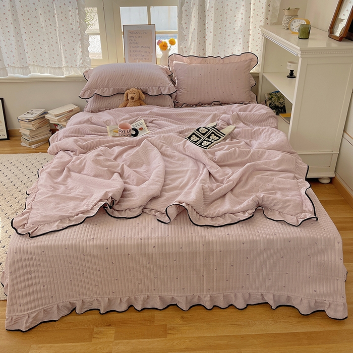 91家纺网 家纺一手货源 找家纺 繁花家居 2025新款云感木棉针织棉双层纱床盖四件套 床盖被套款-柔情蜜意