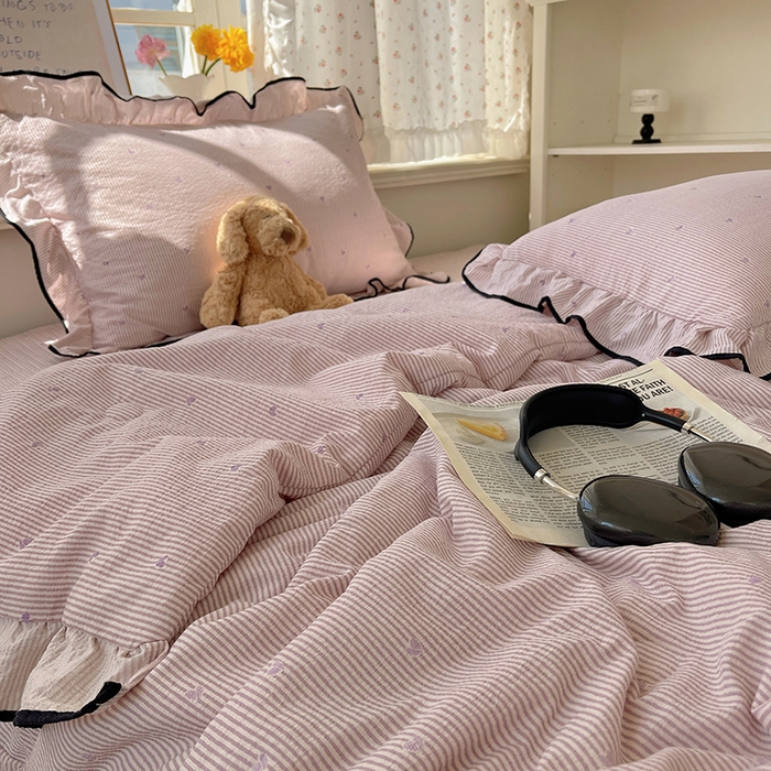 91家纺网 家纺一手货源 找家纺 繁花家居 2025新款云感木棉针织棉双层纱床盖四件套 床盖被套款-柔情蜜意