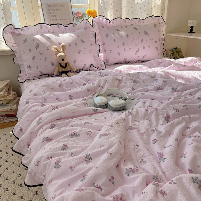 91家纺网 家纺一手货源 找家纺 繁花家居 2025新款云感木棉针织棉双层纱床盖四件套 床盖被套款-葡萄熟了