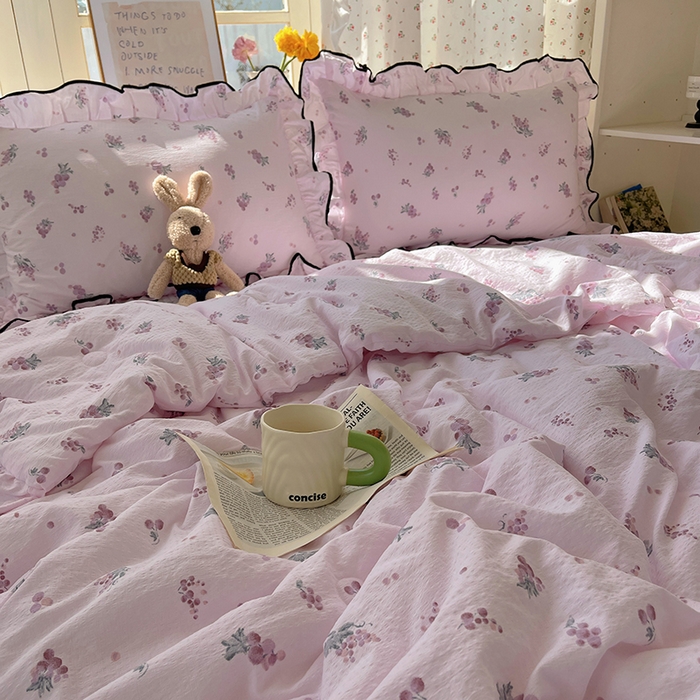 91家纺网 家纺一手货源 找家纺 繁花家居 2025新款云感木棉针织棉双层纱床盖四件套 床盖被套款-葡萄熟了