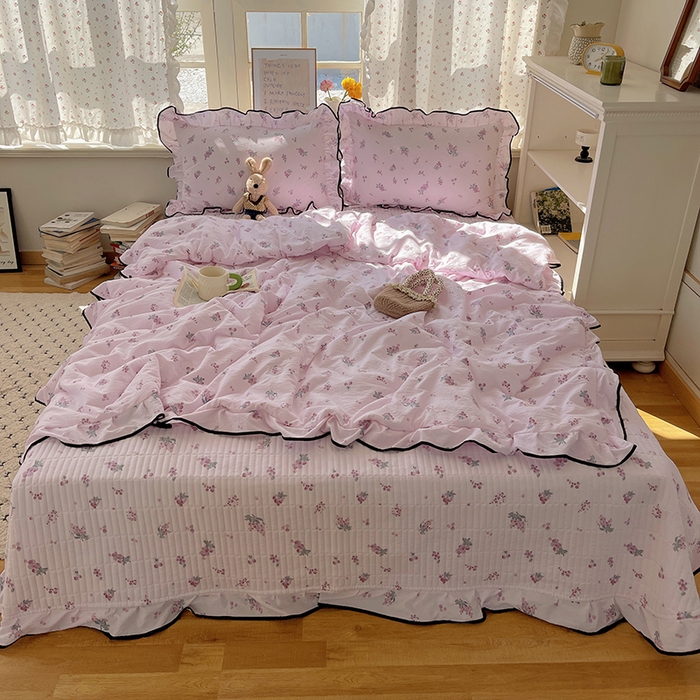 91家纺网 家纺一手货源 找家纺 繁花家居 2025新款云感木棉针织棉双层纱床盖四件套 床盖被套款-葡萄熟了