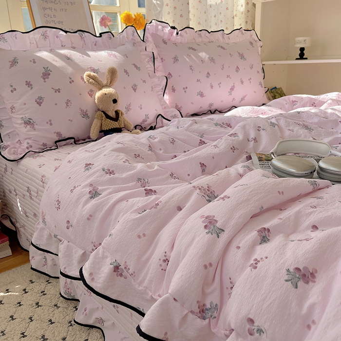 91家纺网 家纺一手货源 找家纺 繁花家居 2025新款云感木棉针织棉双层纱床盖四件套 床盖被套款-葡萄熟了