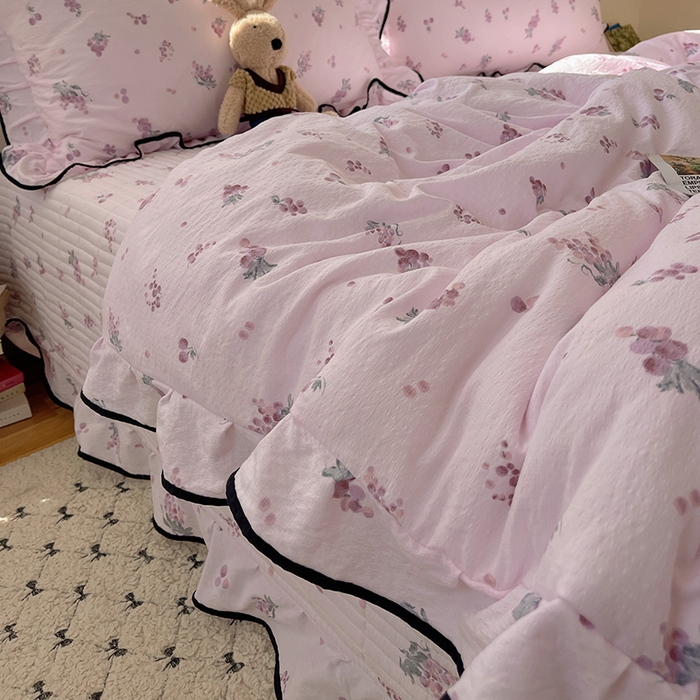 91家纺网 家纺一手货源 找家纺 繁花家居 2025新款云感木棉针织棉双层纱床盖四件套 床盖被套款-葡萄熟了