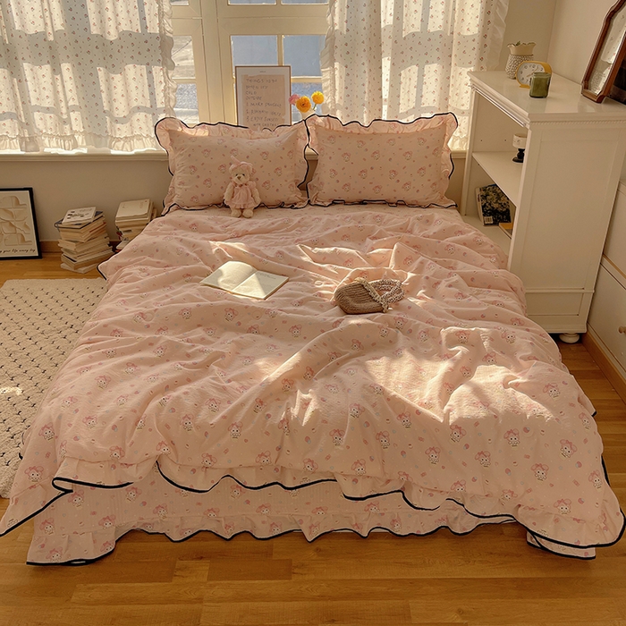 91家纺网 家纺一手货源 找家纺 繁花家居 2025新款云感木棉针织棉双层纱床盖四件套 床盖被套款-桃粉甜心