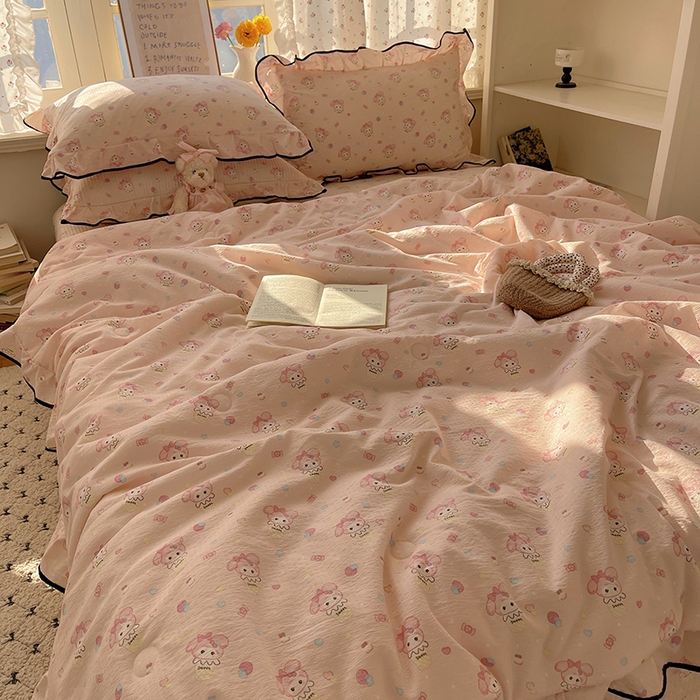 91家纺网 家纺一手货源 找家纺 繁花家居 2025新款云感木棉针织棉双层纱床盖四件套 床盖被套款-桃粉甜心