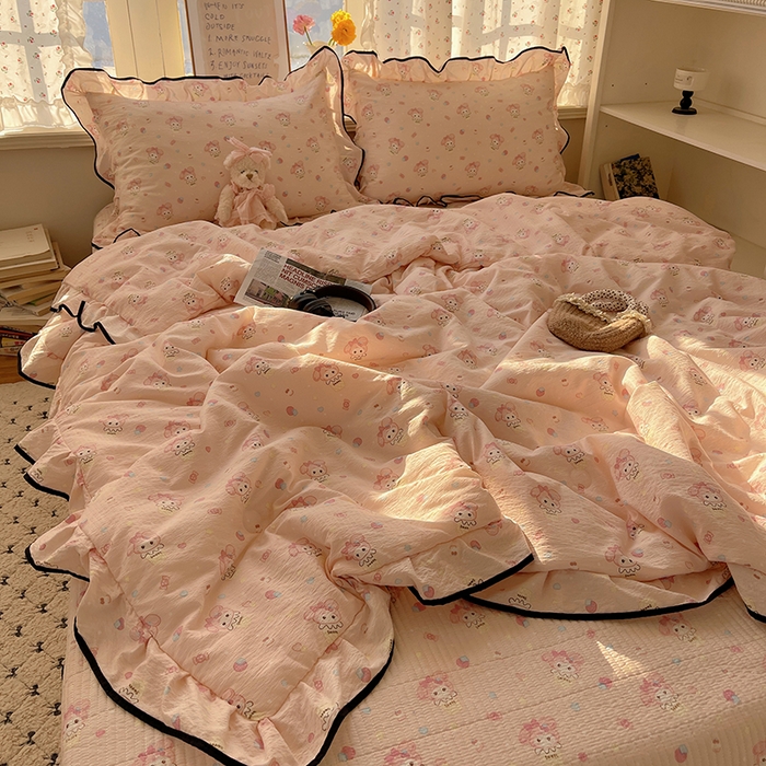 繁花家居 2025新款云感木棉针织棉双层纱床盖四件套 床盖被套款-桃粉甜心