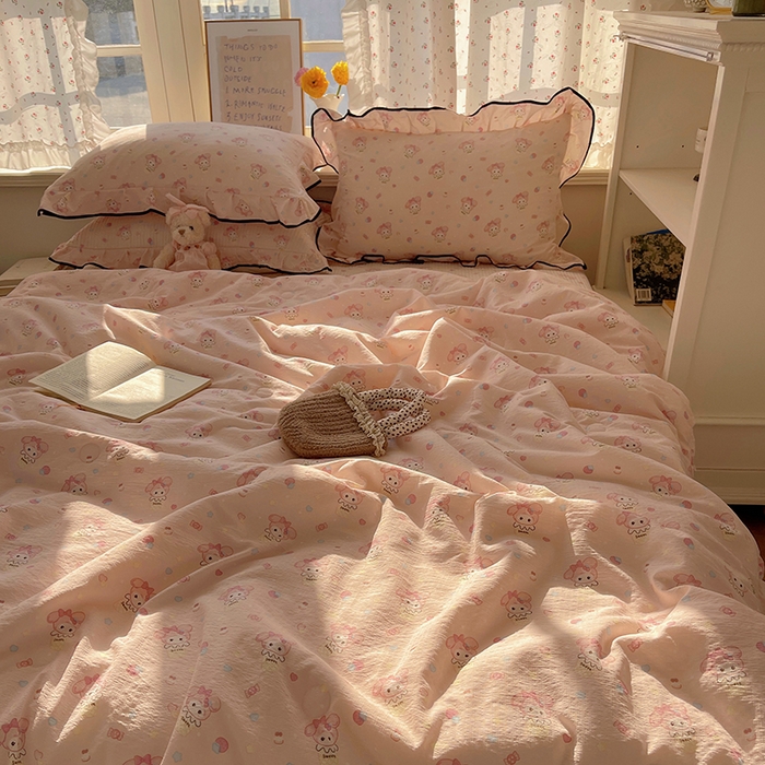 91家纺网 家纺一手货源 找家纺 繁花家居 2025新款云感木棉针织棉双层纱床盖四件套 床盖被套款-桃粉甜心