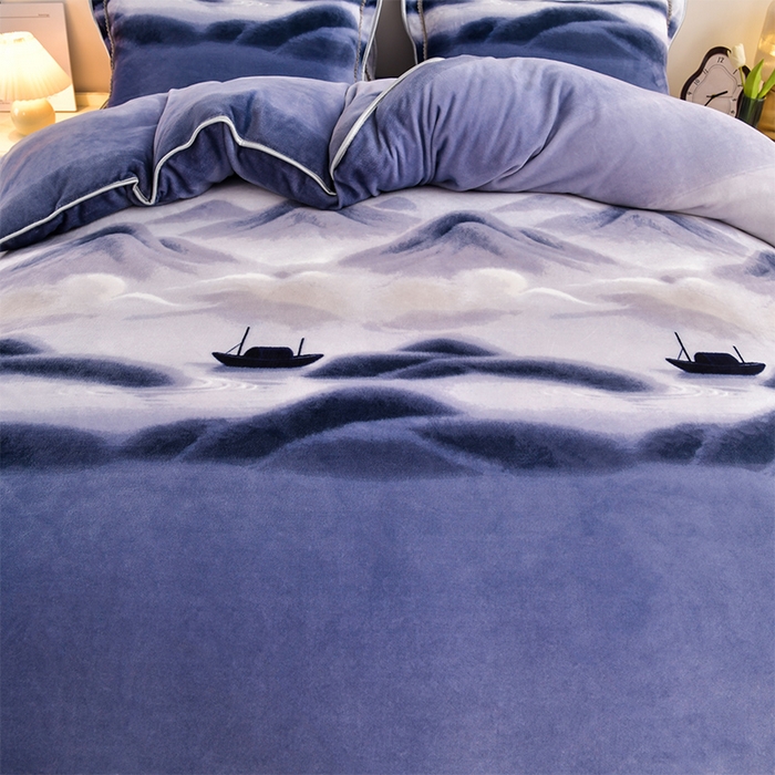 91家纺网 家纺一手货源 找家纺 新8.5-9.5斤法莱绒四件套珊瑚牛奶金貂绒四件套床裙 青山行舟