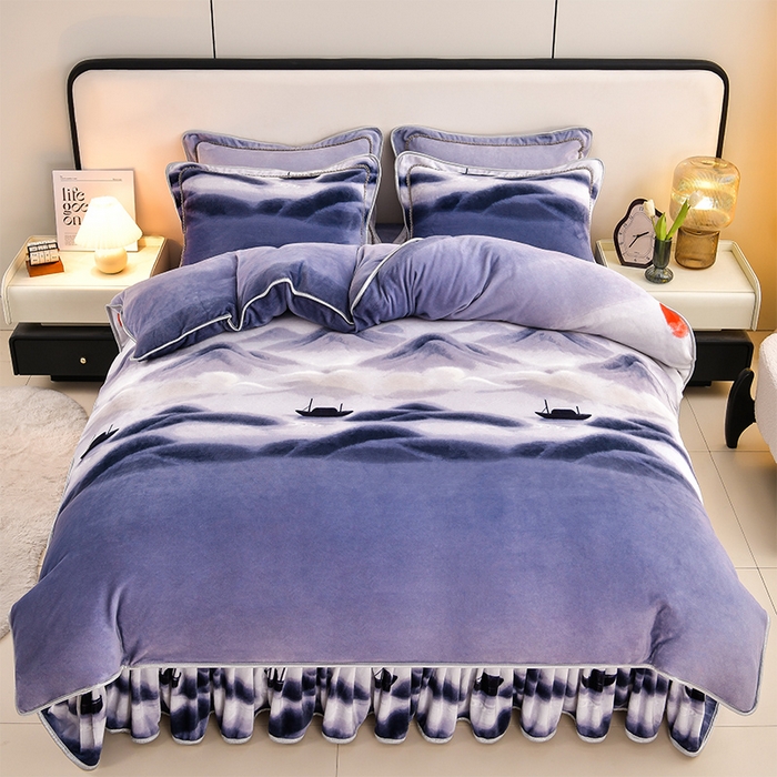 91家纺网 家纺一手货源 找家纺 新8.5-9.5斤法莱绒四件套珊瑚牛奶金貂绒四件套床裙 青山行舟