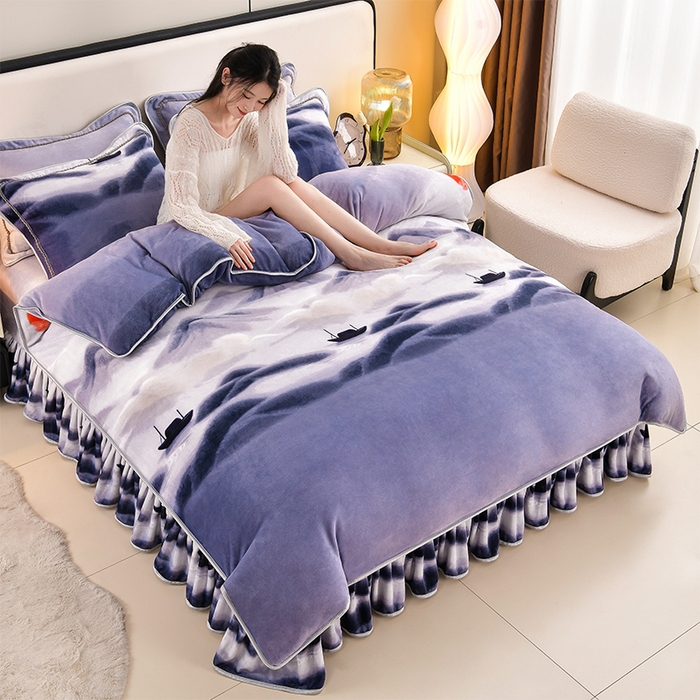 91家纺网 家纺一手货源 找家纺 新8.5-9.5斤法莱绒四件套珊瑚牛奶金貂绒四件套床裙 青山行舟