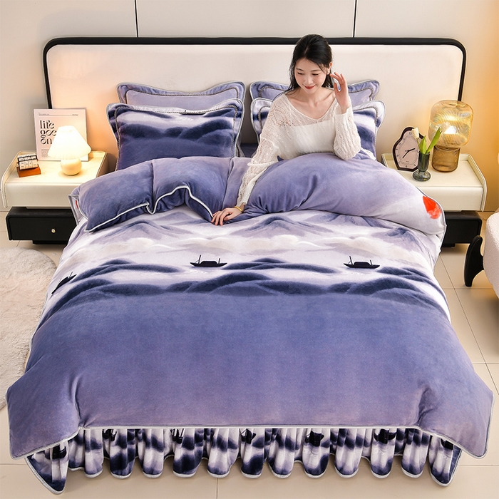 新8.5-9.5斤法莱绒四件套珊瑚牛奶金貂绒四件套床裙 青山行舟