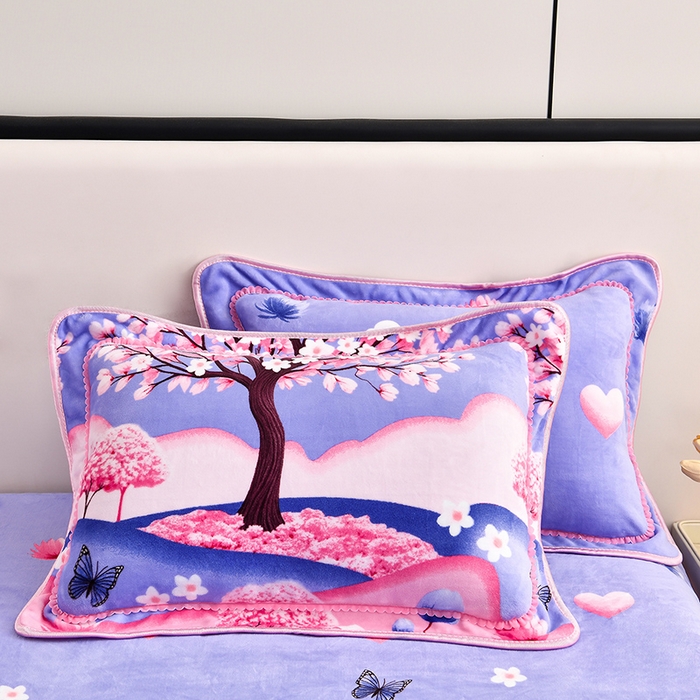 91家纺网 家纺一手货源 找家纺 新8.5-9.5斤法莱绒四件套珊瑚牛奶金貂绒四件套床裙 十里桃花