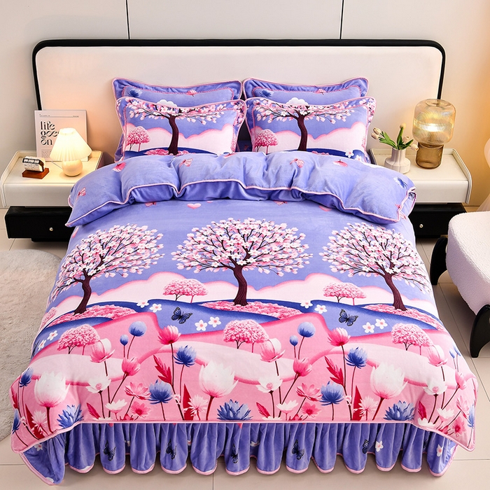 91家纺网 家纺一手货源 找家纺 新8.5-9.5斤法莱绒四件套珊瑚牛奶金貂绒四件套床裙 十里桃花