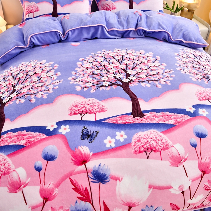 91家纺网 家纺一手货源 找家纺 新8.5-9.5斤法莱绒四件套珊瑚牛奶金貂绒四件套床裙 十里桃花