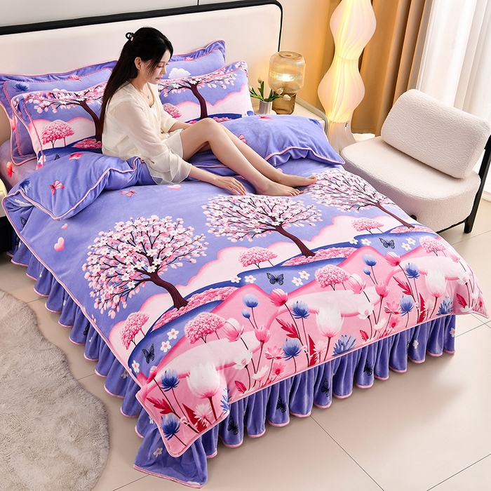 91家纺网 家纺一手货源 找家纺 新8.5-9.5斤法莱绒四件套珊瑚牛奶金貂绒四件套床裙 十里桃花