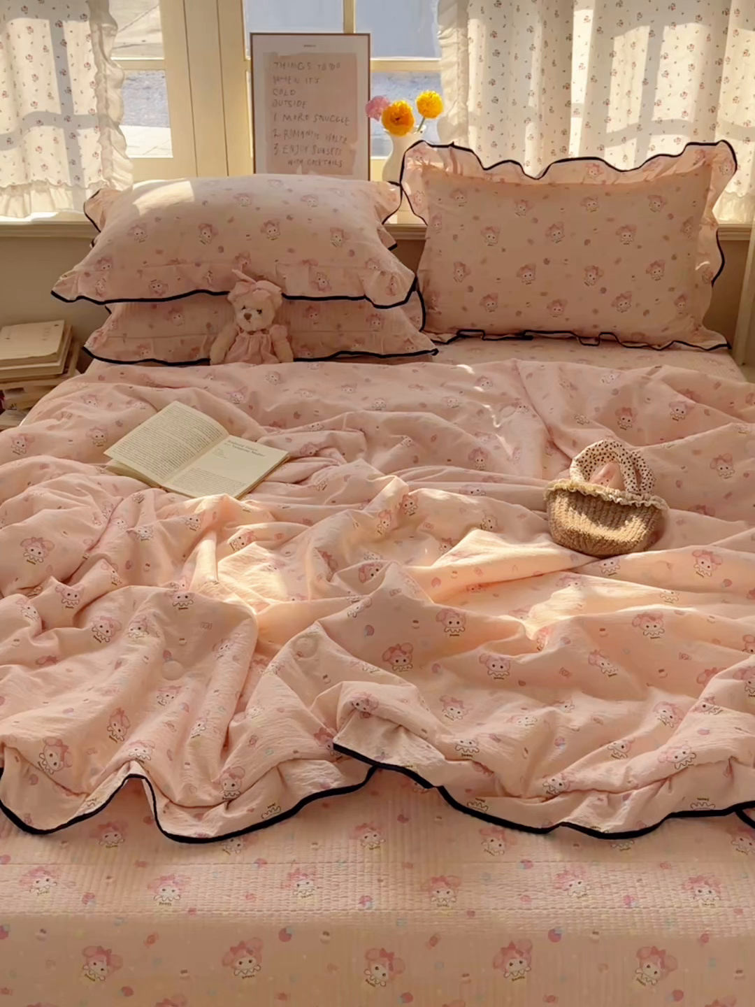 91家纺网 家纺一手货源 找家纺 繁花家居 2025新款云感木棉针织棉双层纱床盖四件套 床盖被套款-桃粉甜心