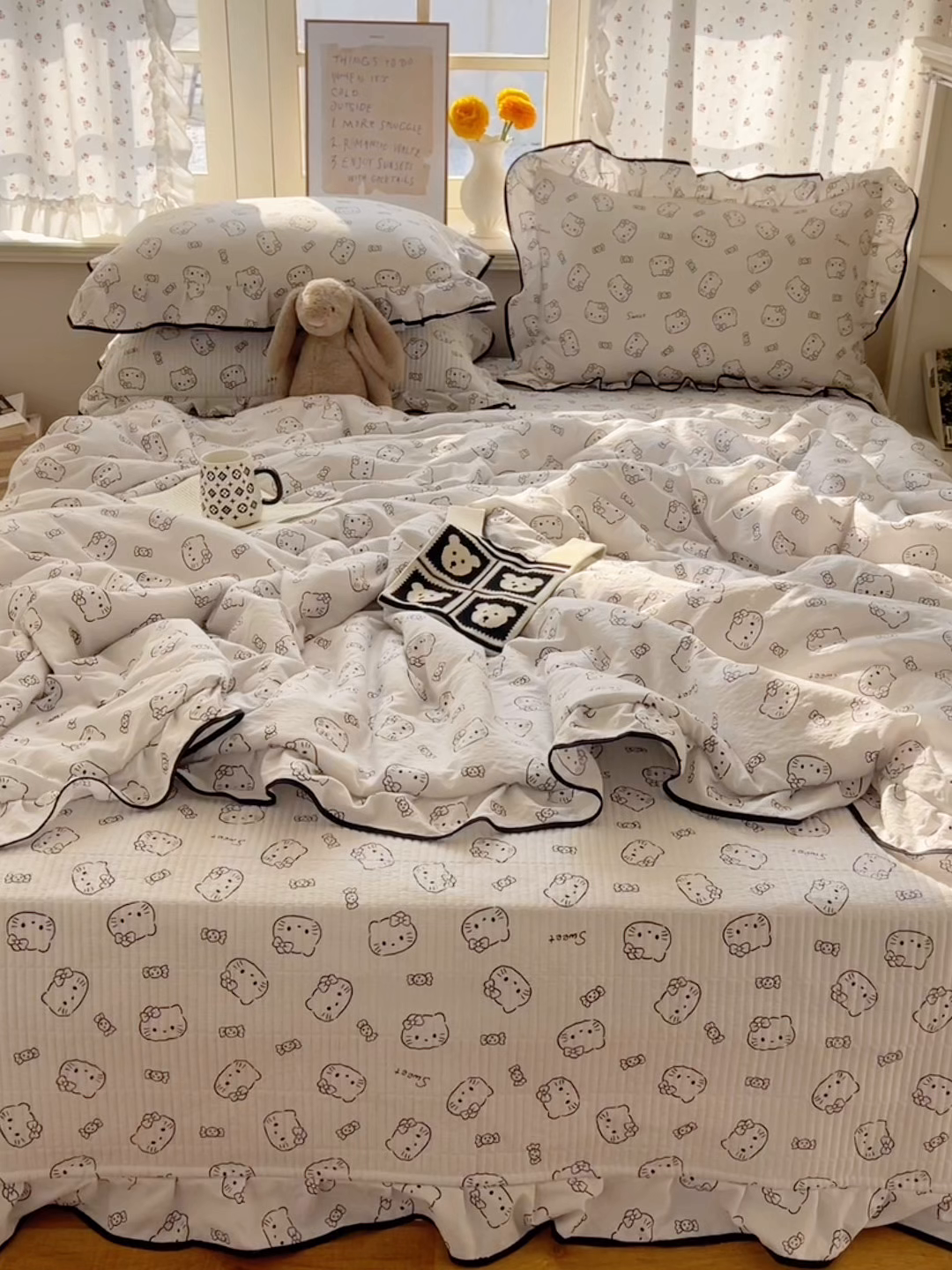 91家纺网 家纺一手货源 找家纺 繁花家居 2025新款云感木棉针织棉双层纱床盖四件套 床盖被套款-猫咪节拍