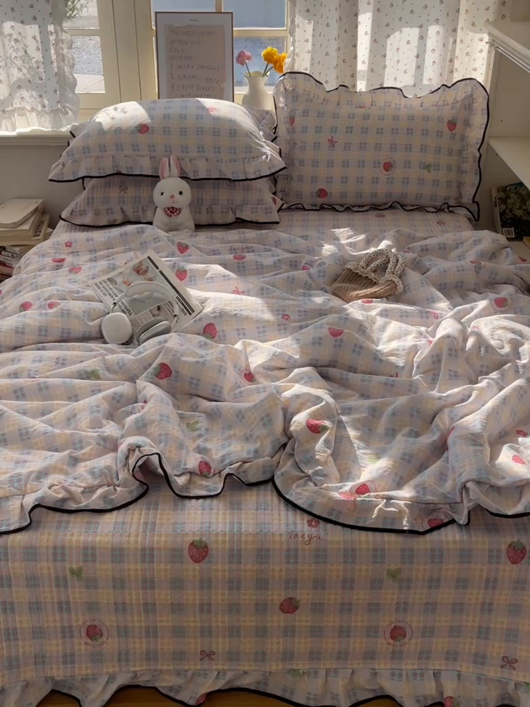 91家纺网 家纺一手货源 找家纺 繁花家居 2025新款云感木棉针织棉双层纱床盖四件套 床盖被套款-草莓很甜