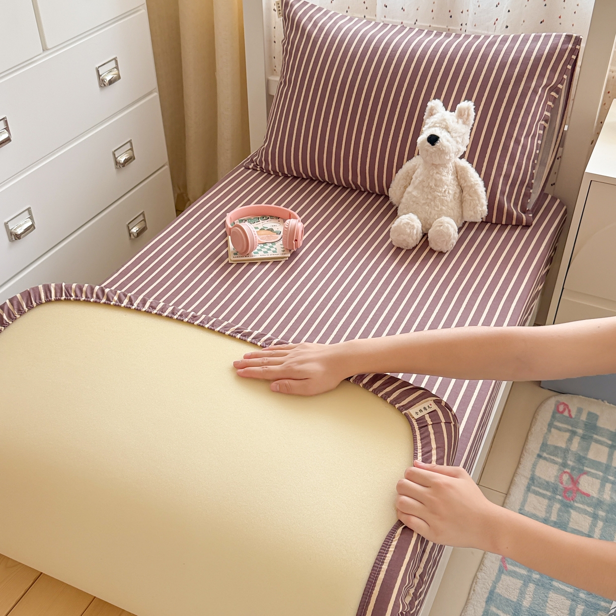 91家纺网 家纺一手货源 找家纺 （总）简宜家居（朝初家纺） 2025新款全棉纯棉磨毛加厚A版学生床笠单品床笠单件单床笠-线素系列