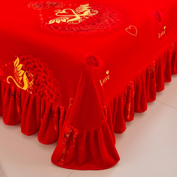 91家纺网 家纺一手货源 找家纺 新8.5-9.5斤法莱绒四件套珊瑚牛奶金貂绒四件套床裙 喜结良缘