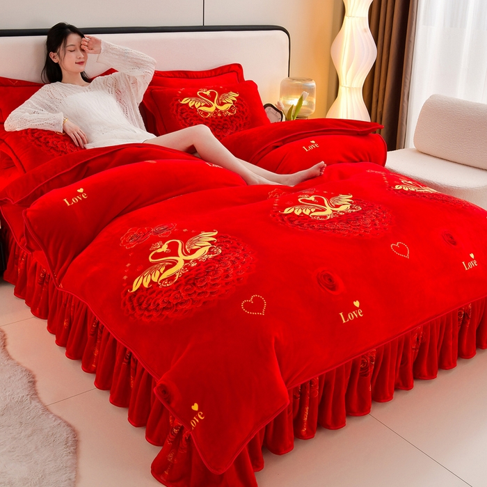 91家纺网 家纺一手货源 找家纺 新8.5-9.5斤法莱绒四件套珊瑚牛奶金貂绒四件套床裙 喜结良缘