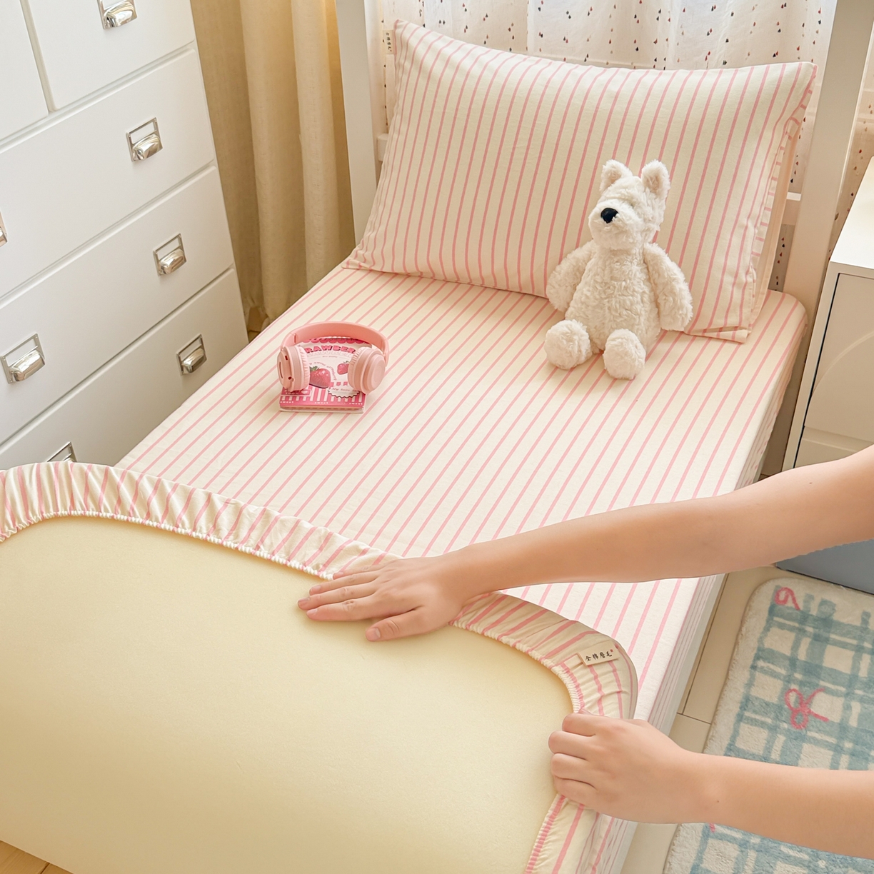 91家纺网 家纺一手货源 找家纺 简宜家居（朝初家纺） 2025新款全棉纯棉磨毛加厚A版学生床笠单品床笠单件单床笠-线素系列 线素-粉