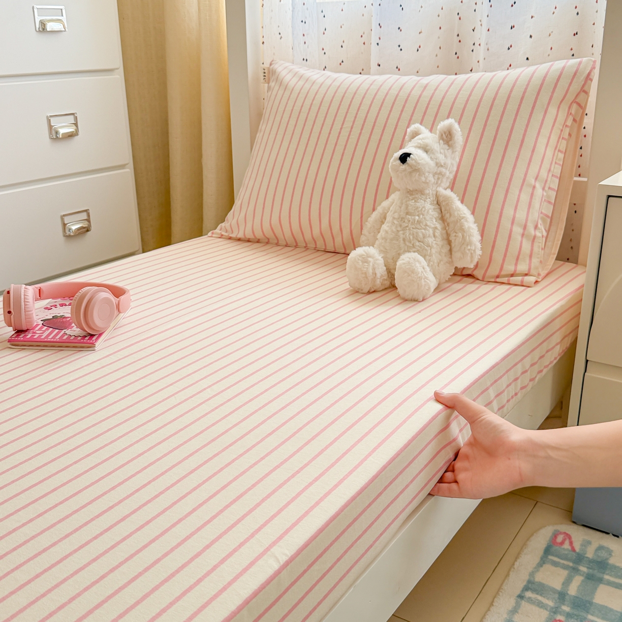 91家纺网 家纺一手货源 找家纺 简宜家居（朝初家纺） 2025新款全棉纯棉磨毛加厚A版学生床笠单品床笠单件单床笠-线素系列 线素-粉