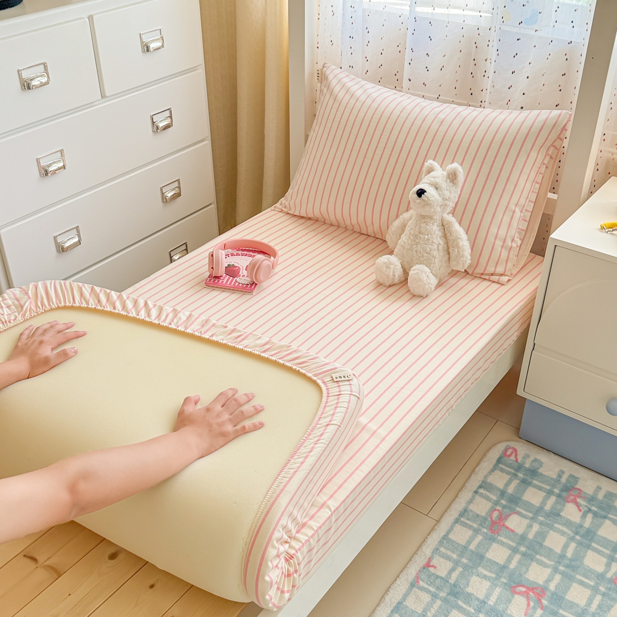 91家纺网 家纺一手货源 找家纺 简宜家居（朝初家纺） 2025新款全棉纯棉磨毛加厚A版学生床笠单品床笠单件单床笠-线素系列 线素-粉