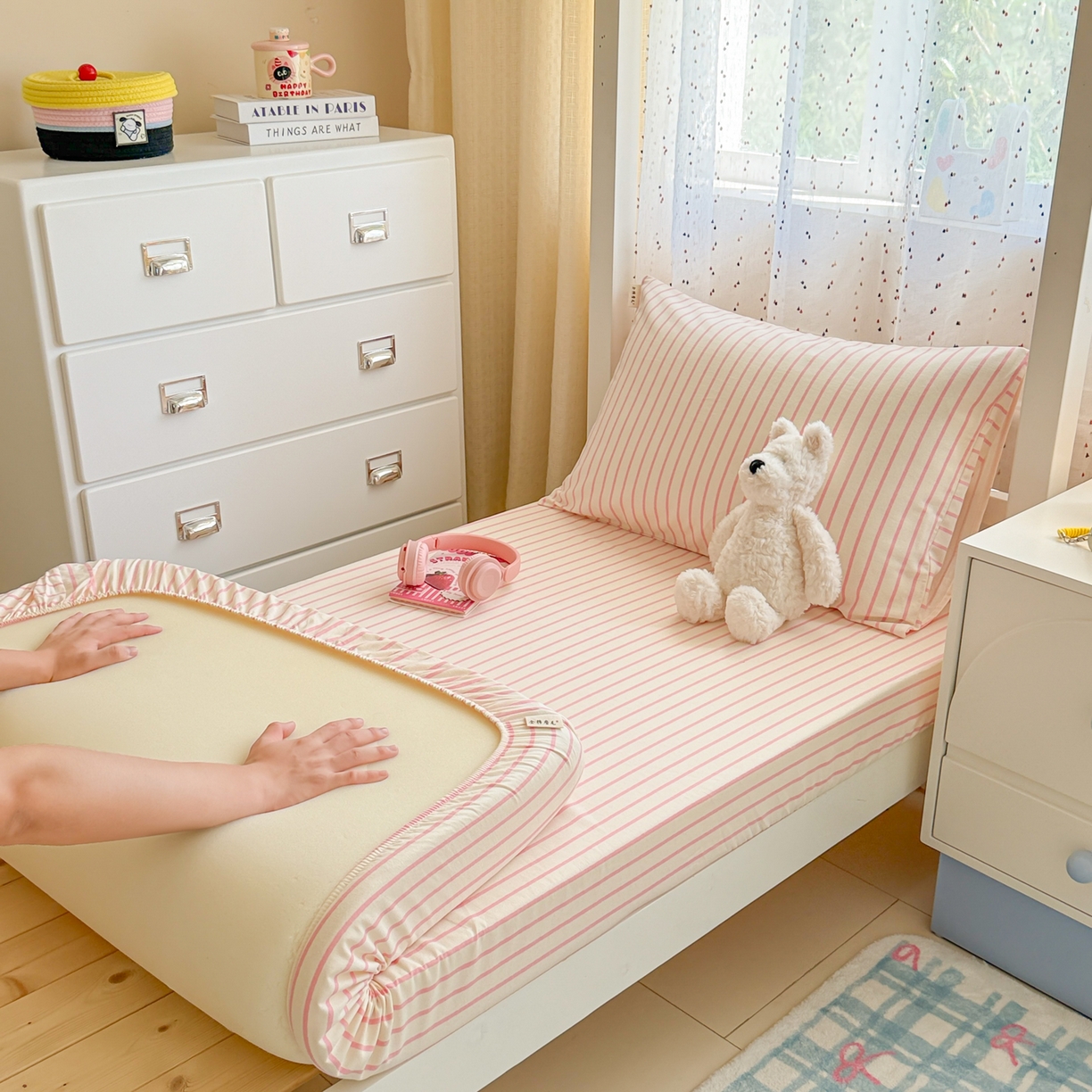 91家纺网 家纺一手货源 找家纺 简宜家居（朝初家纺） 2025新款全棉纯棉磨毛加厚A版学生床笠单品床笠单件单床笠-线素系列 线素-粉