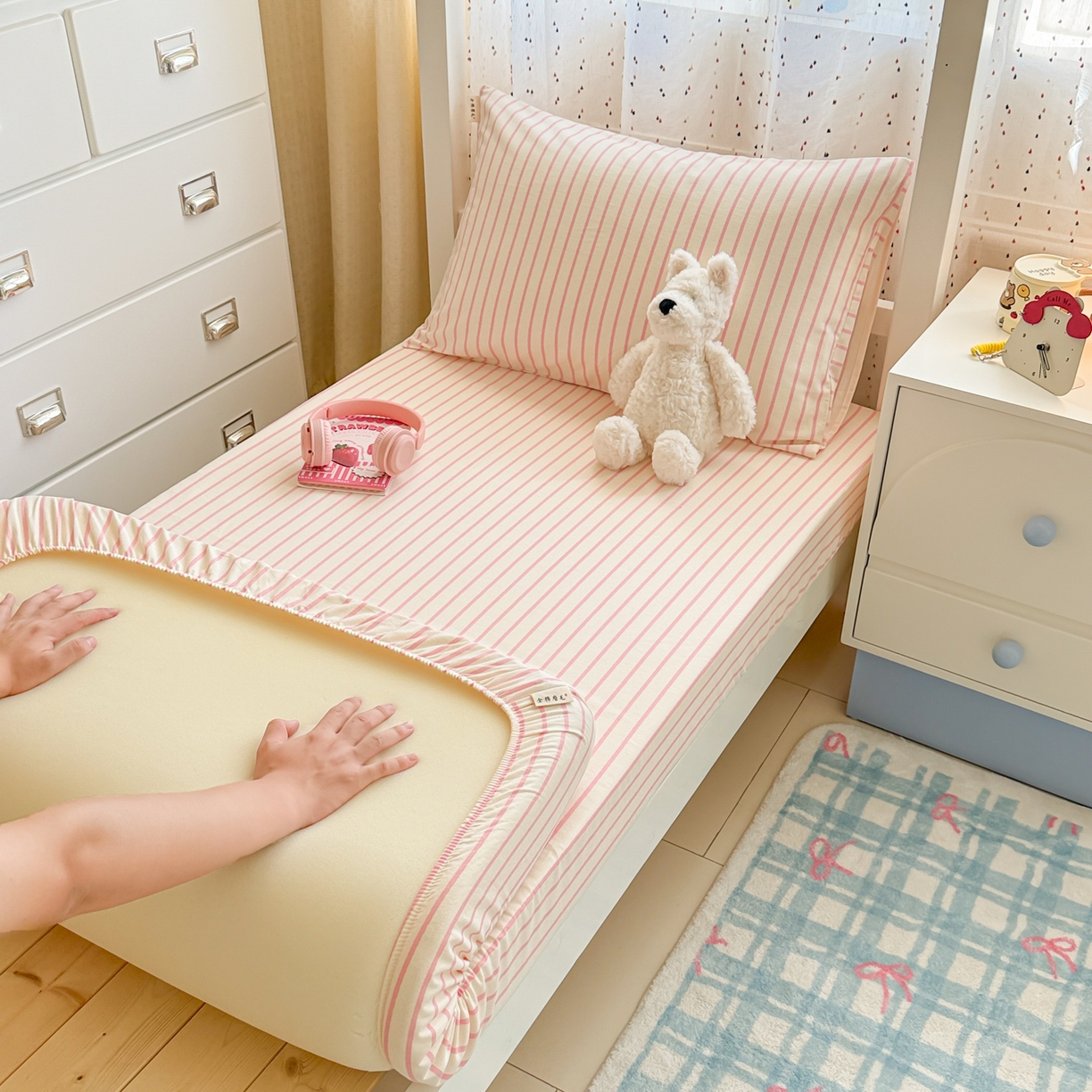 91家纺网 家纺一手货源 找家纺 简宜家居（朝初家纺） 2025新款全棉纯棉磨毛加厚A版学生床笠单品床笠单件单床笠-线素系列 线素-粉