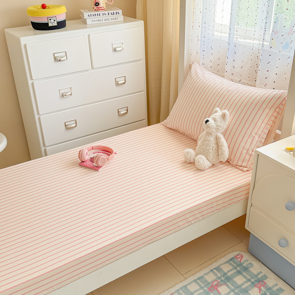 91家纺网 家纺一手货源 找家纺 简宜家居（朝初家纺） 2025新款全棉纯棉磨毛加厚A版学生床笠单品床笠单件单床笠-线素系列 线素-粉