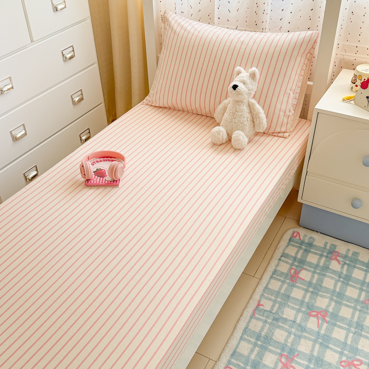 91家纺网 家纺一手货源 找家纺 简宜家居（朝初家纺） 2025新款全棉纯棉磨毛加厚A版学生床笠单品床笠单件单床笠-线素系列 线素-粉