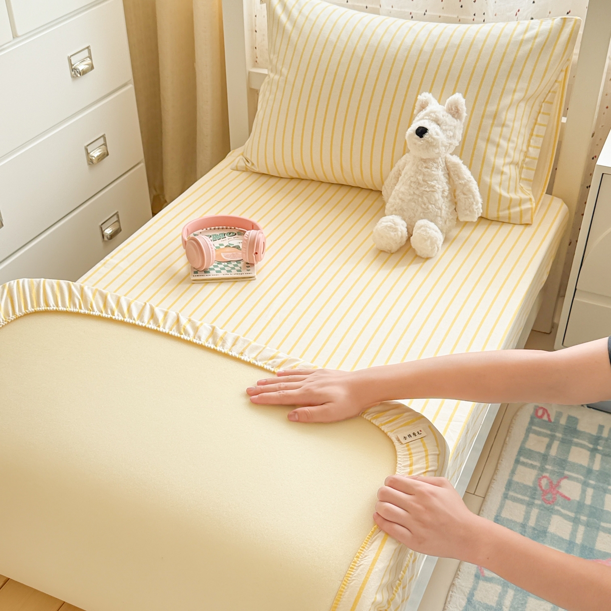 91家纺网 家纺一手货源 找家纺 简宜家居（朝初家纺） 2025新款全棉纯棉磨毛加厚A版学生床笠单品床笠单件单床笠-线素系列 线素-黄