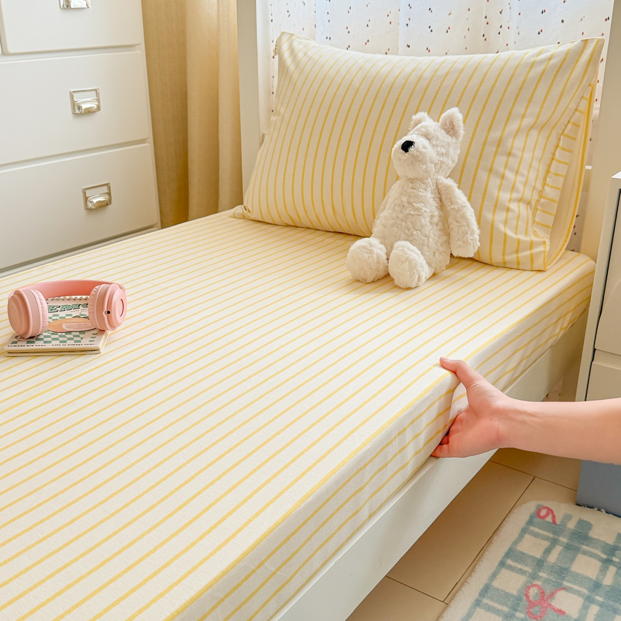 91家纺网 家纺一手货源 找家纺 简宜家居（朝初家纺） 2025新款全棉纯棉磨毛加厚A版学生床笠单品床笠单件单床笠-线素系列 线素-黄