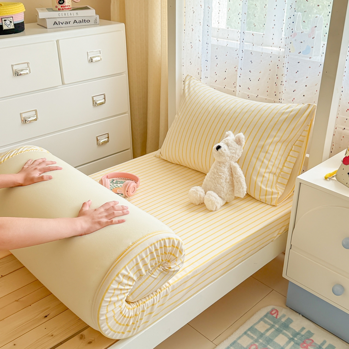 91家纺网 家纺一手货源 找家纺 简宜家居（朝初家纺） 2025新款全棉纯棉磨毛加厚A版学生床笠单品床笠单件单床笠-线素系列 线素-黄