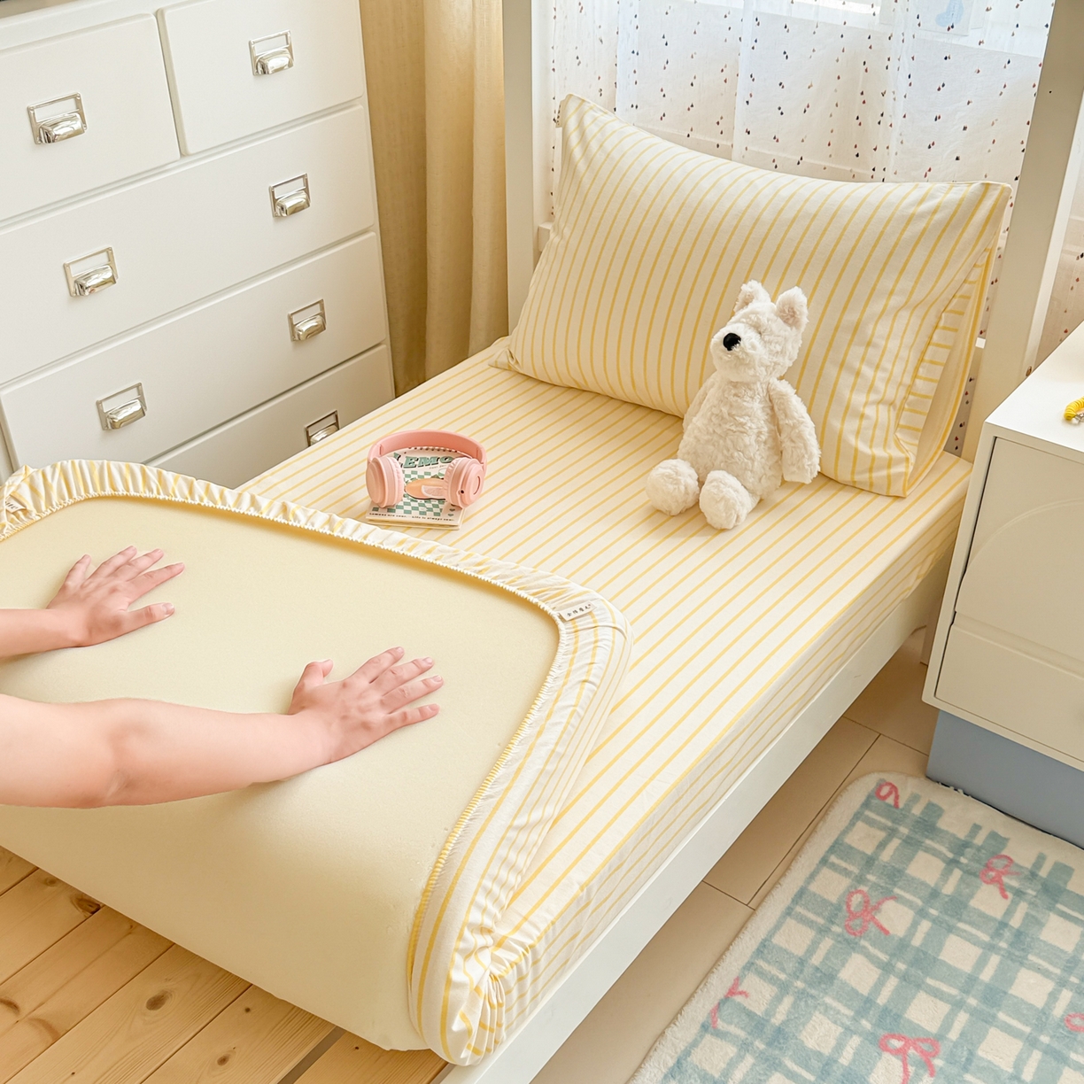 91家纺网 家纺一手货源 找家纺 简宜家居（朝初家纺） 2025新款全棉纯棉磨毛加厚A版学生床笠单品床笠单件单床笠-线素系列 线素-黄