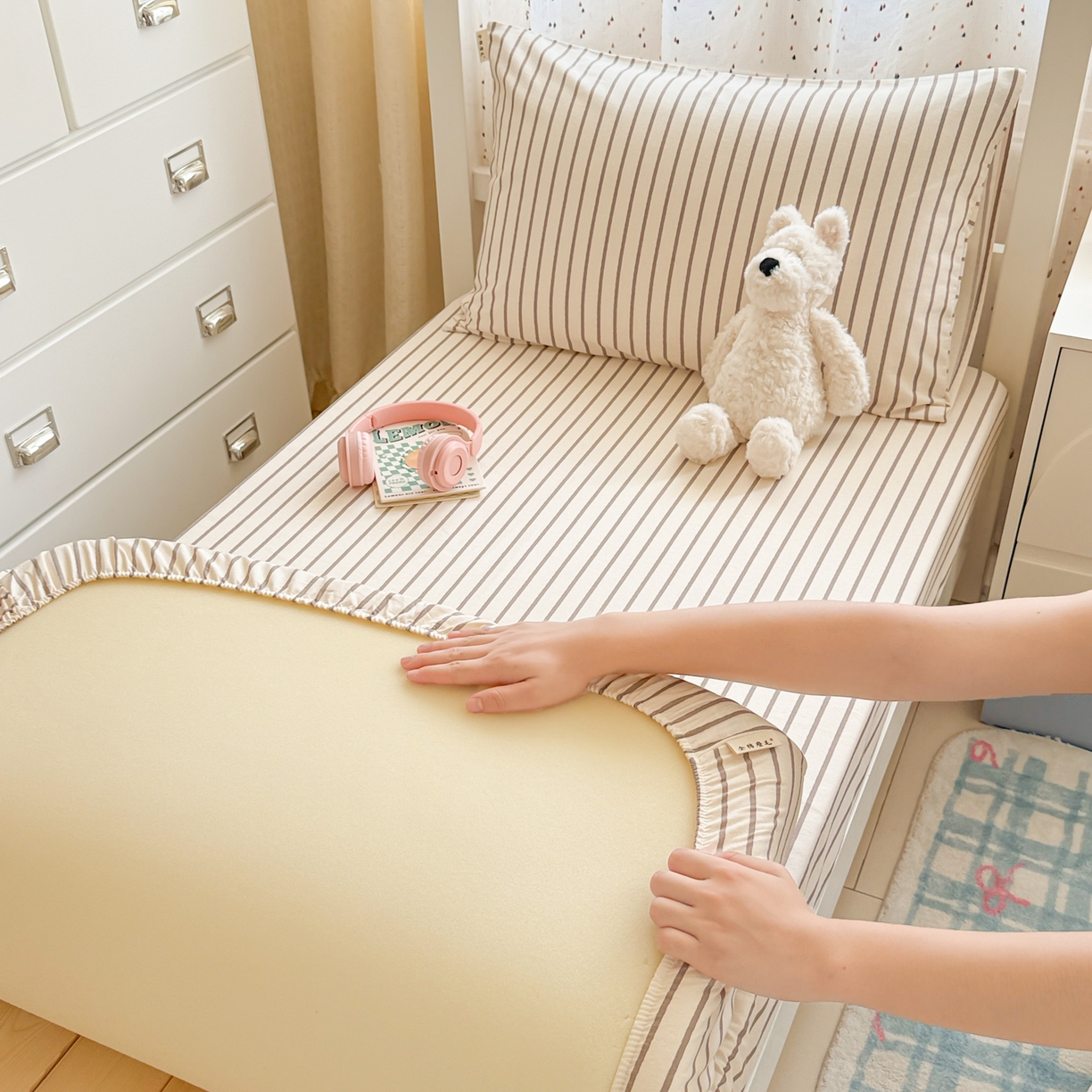 91家纺网 家纺一手货源 找家纺 简宜家居（朝初家纺） 2025新款全棉纯棉磨毛加厚A版学生床笠单品床笠单件单床笠-线素系列 线素-灰