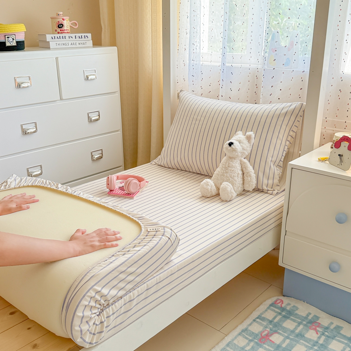 简宜家居（朝初家纺） 2025新款全棉纯棉磨毛加厚A版学生床笠单品床笠单件单床笠-线素系列 线素-蓝