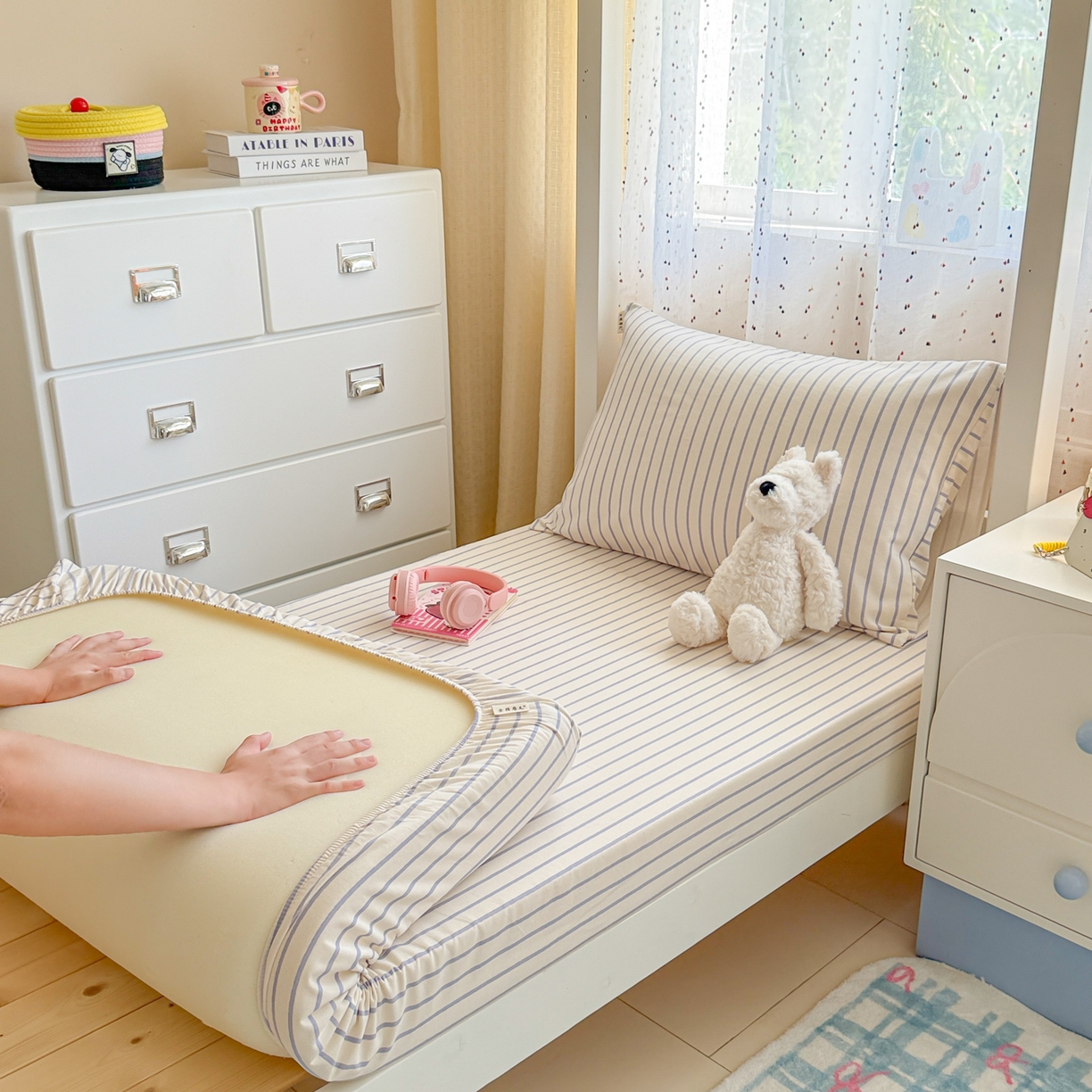 91家纺网 家纺一手货源 找家纺 简宜家居（朝初家纺） 2025新款全棉纯棉磨毛加厚A版学生床笠单品床笠单件单床笠-线素系列 线素-蓝