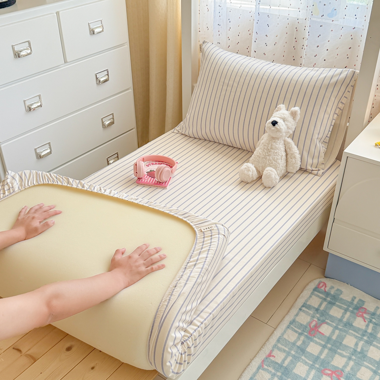 91家纺网 家纺一手货源 找家纺 简宜家居（朝初家纺） 2025新款全棉纯棉磨毛加厚A版学生床笠单品床笠单件单床笠-线素系列 线素-蓝