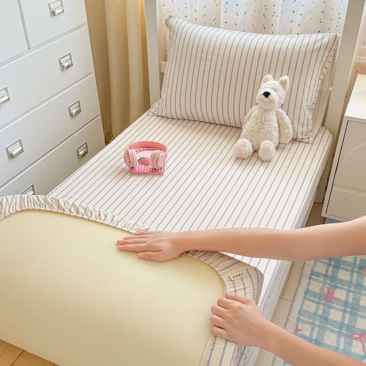 91家纺网 家纺一手货源 找家纺 简宜家居（朝初家纺） 2025新款全棉纯棉磨毛加厚A版学生床笠单品床笠单件单床笠-线素系列 线素-蓝