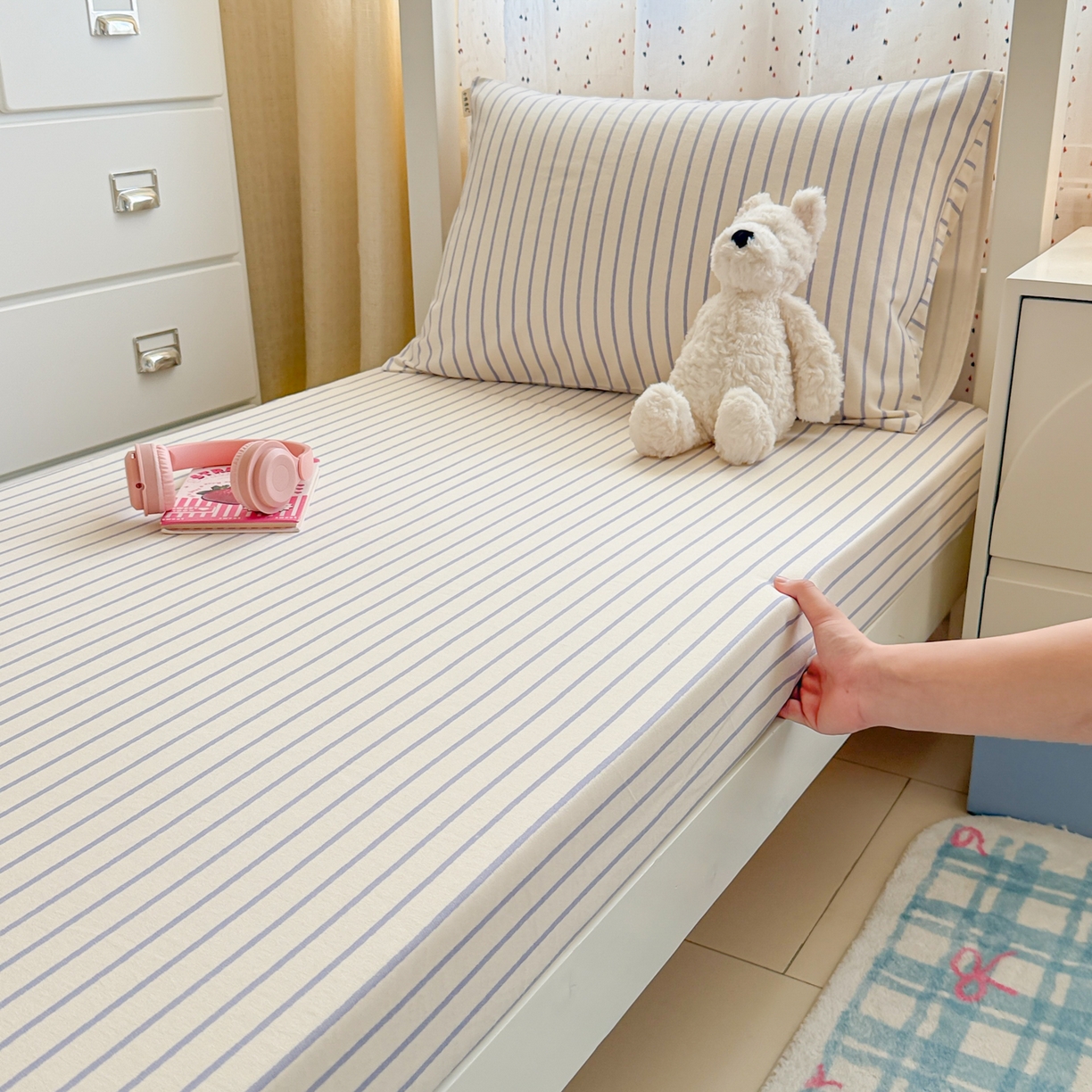 91家纺网 家纺一手货源 找家纺 简宜家居（朝初家纺） 2025新款全棉纯棉磨毛加厚A版学生床笠单品床笠单件单床笠-线素系列 线素-蓝